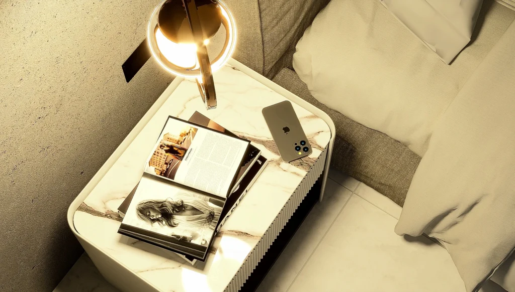 Escena de render fotorrealista de mesa de noche de recamara moderna
